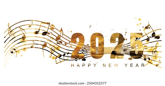  Frohes Neues Jahr 2025 Vektorgrafik. Frohes neues Jahr Banner mit musikalischen Noten für saisonale Feiertagsgrußkarten, Flyer und Partyeinladungen