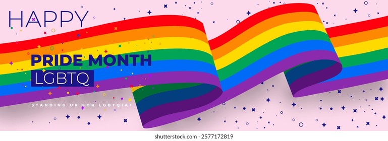 Happy 2025 pride month banner. Rainbow colored background. Banner for Pride month lettering with heart shaped hands, brush stroke. 2025 Pride month background with rainbow gradient.