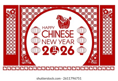 Happy 2026 Chinese New Year, Year of the Horse! Lunar calendar holiday paper cut design with cute horse. Chinese text means "Horse"