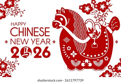 Happy 2026 Chinese New Year, Year of the Horse! Lunar calendar holiday paper cut design with cute horse, flowers and clouds. Chinese text means "Horse"