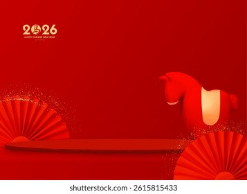 Happy 2026 Chinese New Year, Year of the Horse! Lunar calendar holiday 3D design with cute horse and empty scene. Chinese text means "Horse". Season offer