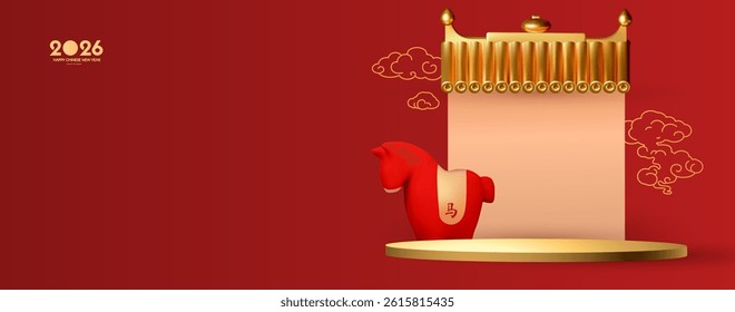 Happy 2026 Chinese New Year, Year of the Horse! Lunar calendar holiday 3D design with cute horse and empty scene. Chinese text means "Horse". Season offer