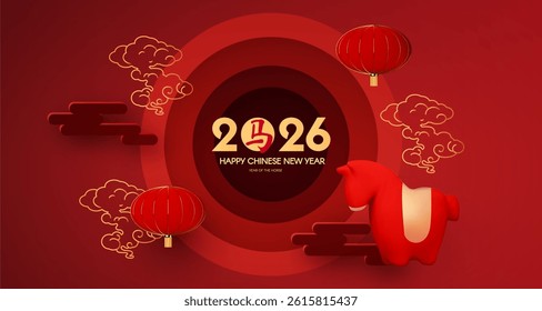 Happy 2026 Chinese New Year, Year of the Horse! Lunar calendar holiday 3D design with cute horse and empty scene. Chinese text means "Horse". Season offer