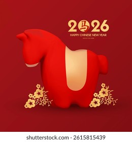 Happy 2026 Chinese New Year, Year of the Horse! Lunar calendar holiday 3D design with cute horse and empty scene. Chinese text means "Horse". Season offer