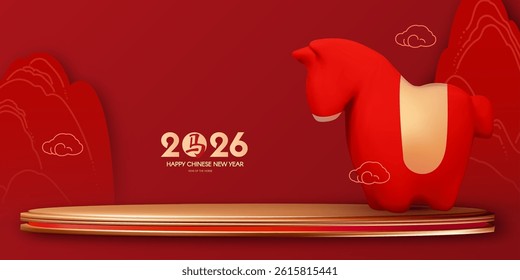 Happy 2026 Chinese New Year, Year of the Horse! Lunar calendar holiday 3D design with cute horse and empty scene. Chinese text means "Horse". Season offer