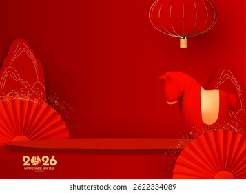 Happy 2026 Chinese New Year, Year of the Horse! Lunar calendar holiday 3D design with cute horse and empty scene. Chinese text means "Horse". Season offer