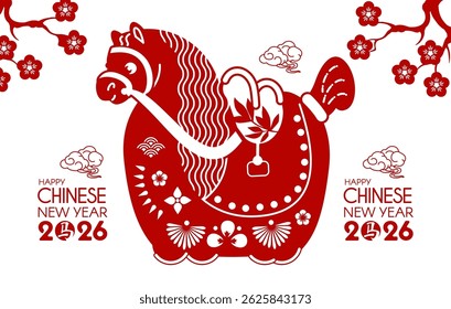 Happy 2026 Chinese New Year, Year of the Horse! Lunar calendar holiday paper cut design with cute horse, flowers and clouds. Chinese text means "Horse"
