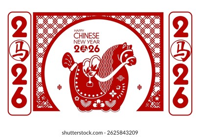 Happy 2026 Chinese New Year, Year of the Horse! Lunar calendar holiday paper cut design with cute horse. Chinese text means "Horse"