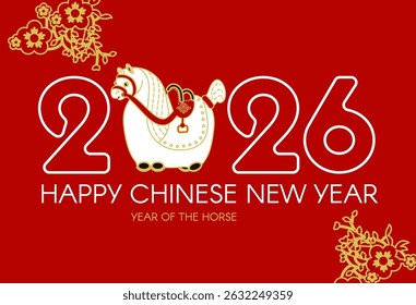 Happy 2026 Chinese New Year, Year of the Horse! Lunar calendar holiday design with cute horse. Chinese text means "Horse"