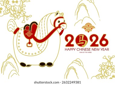 Happy 2026 Chinese New Year, Year of the Horse! Lunar calendar holiday design with cute horse. Chinese text means "Horse"
