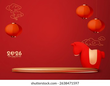 Happy 2026 Chinese New Year, Year of the Horse! Lunar calendar holiday 3D design with cute horse and empty scene. Chinese text means "Horse". Season offer