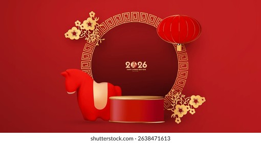 Happy 2026 Chinese New Year, Year of the Horse! Lunar calendar holiday 3D design with cute horse and empty scene. Chinese text means "Horse". Season offer