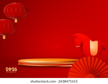 Happy 2026 Chinese New Year, Year of the Horse! Lunar calendar holiday 3D design with cute horse and empty scene. Chinese text means "Horse". Season offer