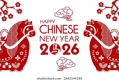 Happy 2026 Chinese New Year, Year of the Horse! Lunar calendar holiday paper cut design with cute horse, flowers and clouds. Chinese text means "Horse"