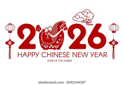Happy 2026 Chinese New Year, Year of the Horse! Lunar calendar holiday paper cut design with cute horse. Chinese text means "Horse"