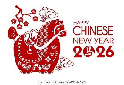 Happy 2026 Chinese New Year, Year of the Horse! Lunar calendar holiday paper cut design with cute horse, flowers and clouds. Chinese text means "Horse"