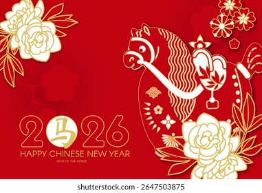 Happy 2026 Chinese New Year, Year of the Horse! Lunar calendar holiday paper cut design with cute horse, flowers and clouds. Chinese text means "Horse"