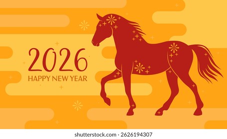 Happy 2026 New Year of the Horse, Lunar New Year or Chinese New Year. Paper applique, red horse on a yellow background. Greeting card or banner. Zodiac animal character.