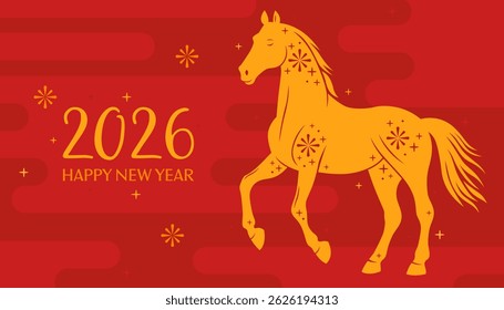 Happy 2026 New Year of the Horse, Lunar New Year or Chinese New Year. Paper applique, yellow horse on a red background. Greeting card or banner. Zodiac animal character.