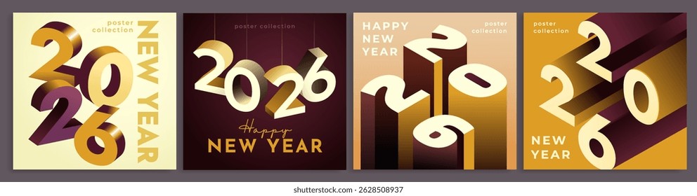 Happy 2026 new year poster set. Square golden banners for celebrating traditional winter holiday. Festive design elements with numbers. Isometric 3D vector illustration isolated on background