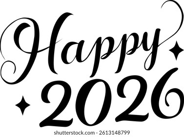 Happy 2026. Vector typography design for Happy New Year greeting cards and posters. Black ink.