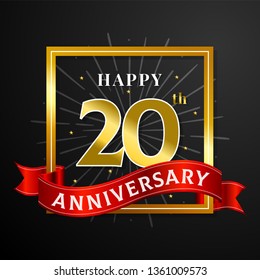 Happy 20th anniversary background vector design. Black paper with golden square frame illustration for birthday event celebration.