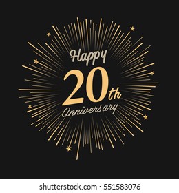 Happy 20th Anniversary. with fireworks and star on dark background.Greeting card, banner, poster