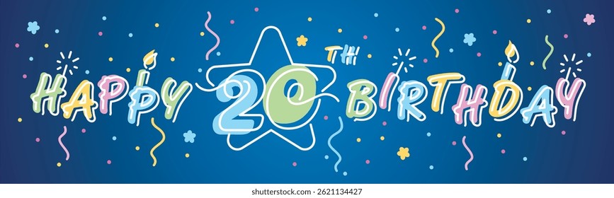 Happy 20th Birthday handwritten multi color bold typography lettering with white neon outline. Colorful greeting card vector illustration with confetti, ribbons, sparkle firework, candle on blue backg