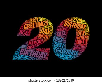 Happy 20th birthday word cloud, holiday concept background