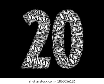 Happy 20th birthday word cloud, holiday concept background