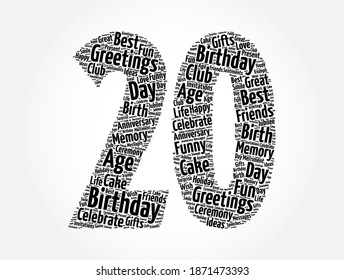 Happy 20th birthday word cloud, holiday concept background