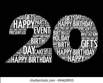 Happy 20th birthday word cloud collage concept