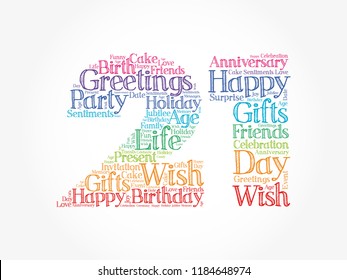 Happy 21st birthday word cloud collage concept