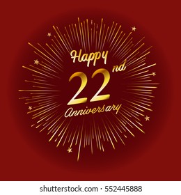 Happy 22nd Anniversary. with fireworks and star on red background.Greeting card, banner, poster