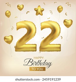 Happy 22th birthday gold foil balloon greeting background. 22 years anniversary illustration