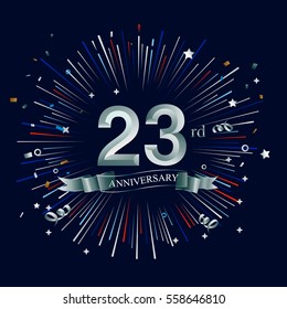 Happy 23rd Anniversary. with fireworks and star on dark background.Greeting card, banner, poster