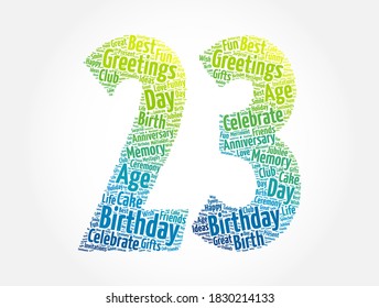 Happy 23rd birthday word cloud, holiday concept background