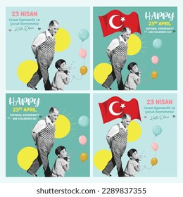 Herzlichen Glückwunsch zum 23. April Nationales Souveränität und Kindertag. Übersetzen: 23 Nisan Ulusal Egemenlik Bayramı Kutlu Olsun. Farbige Vektorgrafik.