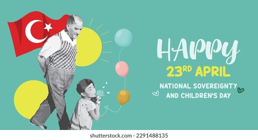 Happy 23th April National Sovereignty and Children's Day. Translate: 23 Nisan Ulusal Egemenlik Bayramı Kutlu Olsun. Colourful vector illustration.