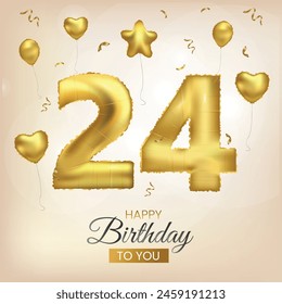Happy 24th birthday gold foil balloon greeting background. 24 years anniversary illustration