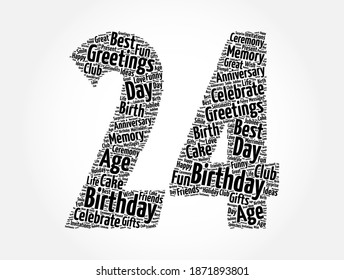 Happy 24th birthday word cloud, holiday concept background