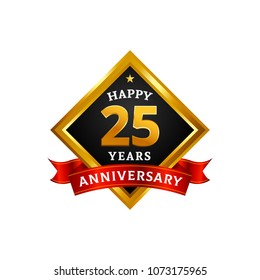 Happy 25 years golden anniversary logo celebration with diamond frame and ribbon.