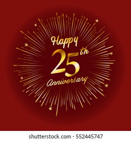 Happy 25th Anniversary. with fireworks and star on red background.Greeting card, banner, poster