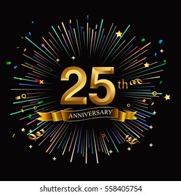 Happy 25th Anniversary. with fireworks and star on dark background.Greeting card, banner, poster