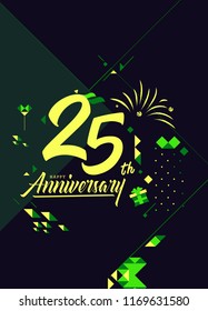 Happy 25th Anniversary lettering text banner, dark color with geometric background