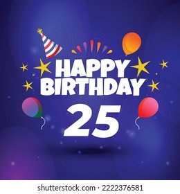 Happy 25th birthday hand drawn vector lettering design on background of pattern with stripes. Perfect for greeting card.