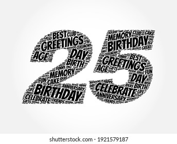 Happy 25th birthday word cloud, holiday concept background