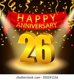 Happy 26th Anniversary celebration with golden confetti and spotlight