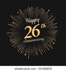 Happy 26th Anniversary. with fireworks and star on dark background.Greeting card, banner, poster