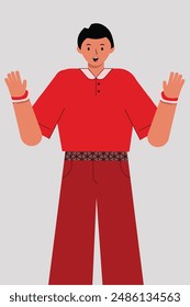 happy 2D flat character say hi gesture wearing independence day indonesia costume